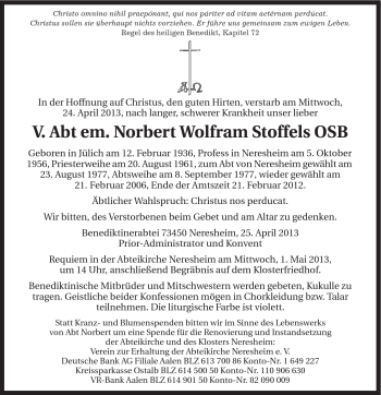 Traueranzeige von Norbert Wolfram Stoffels von Schwäbische Post