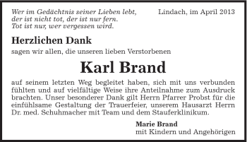 Traueranzeige von Karl Brand von Gmünder Tagespost