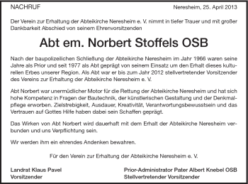 Traueranzeige von Norbert Stoffels von 020