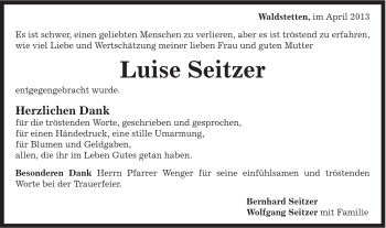 Traueranzeige von Luise Seitzer von Gmünder Tagespost