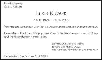 Traueranzeige von Lucia Nubert von Gmünder Tagespost