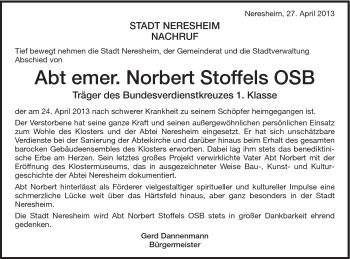 Traueranzeige von Abt Norbert Stoffels von Schwäbische Post
