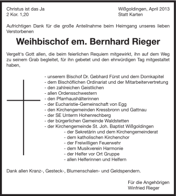 Traueranzeige von Bernhard Rieger von Gmünder Tagespost