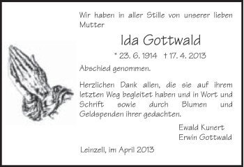 Traueranzeige von Ida Gottwald von Gmünder Tagespost