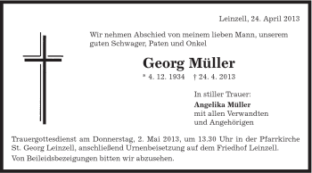Traueranzeige von Georg Müller von Gmünder Tagespost