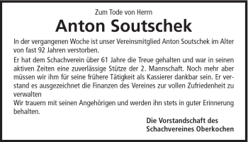 Traueranzeige von Anton Soutschek von Schwäbische Post