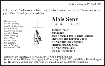 Traueranzeige von Alois Senz von Schwäbische Post