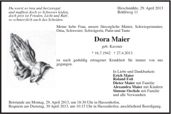 Traueranzeige von Dora Maier von Gmünder Tagespost