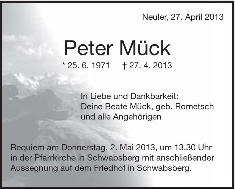 Traueranzeige für Peter Mück vom 29.04.2013 aus Schwäbische Post