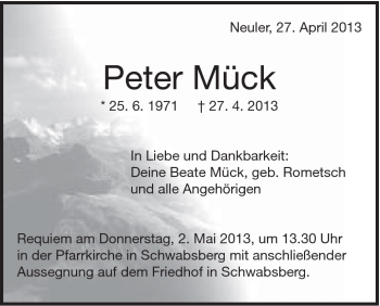 Traueranzeige von Peter Mück von Schwäbische Post