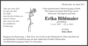 Traueranzeige von Erika Bihlmaier von Schwäbische Post