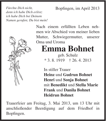 Traueranzeige von Emma Bohnet von Schwäbische Post