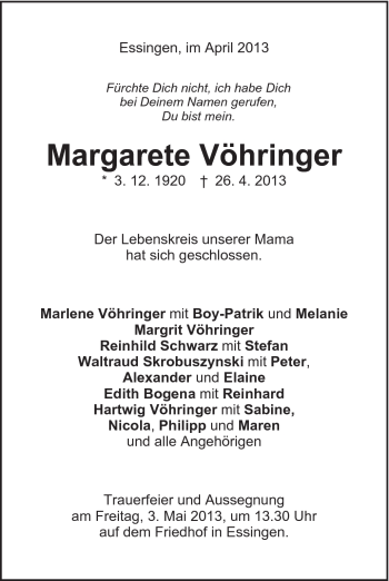 Traueranzeige von Margarete Vöhringer von Schwäbische Post