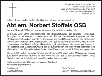 Traueranzeige von Norbert Stoffels von Schwäbische Post