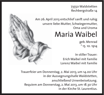 Traueranzeige von Maria Waibel von Gmünder Tagespost