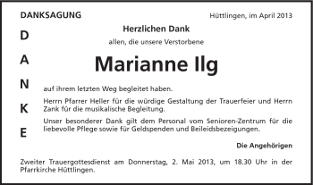 Traueranzeige von Marianne Ilg von Schwäbische Post