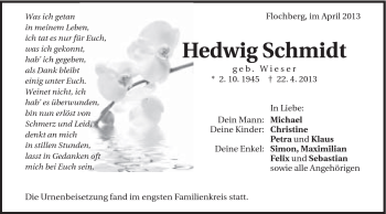Traueranzeige von Hedwig Schmidt von Schwäbische Post