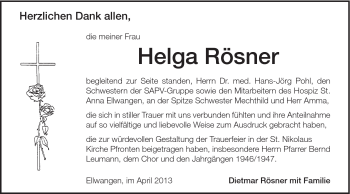 Traueranzeige von Helga Rösner von Schwäbische Post