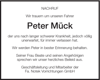Traueranzeige von Peter Mück von Schwäbische Post