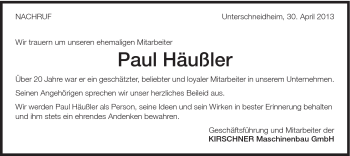 Traueranzeige von Paul Häußler von Schwäbische Post