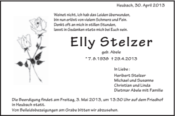 Traueranzeige von Elly Stelzer von Gmünder Tagespost