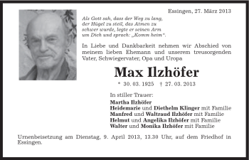 Traueranzeige von Max Ilzhöfer von Schwäbische Post