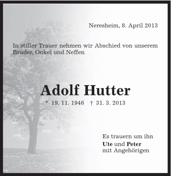 Traueranzeige von Adolf Hutter von Schwäbische Post