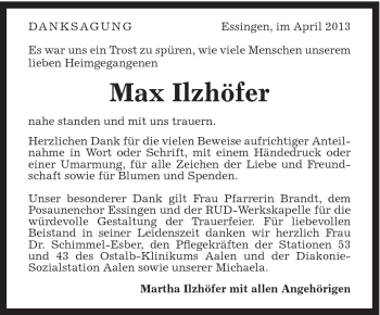 Traueranzeige von Max Ilzhöfer von Schwäbische Post