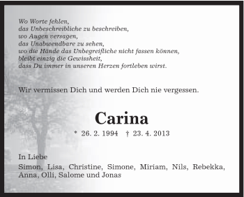 Traueranzeige von Carina . von Schwäbische Post