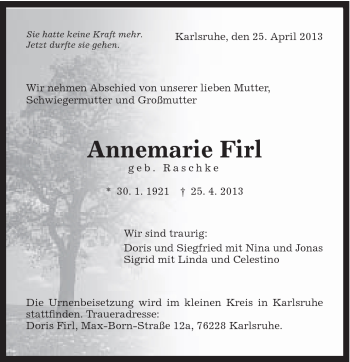 Traueranzeige von Annemarie Firl von Gmünder Tagespost