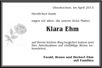 Traueranzeige von Ehm Klara von Schwäbische Post