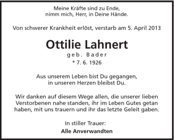 Traueranzeige von Ottilie Lahnert von Schwäbische Post