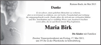 Traueranzeige von Maria Birk von Schwäbische Post