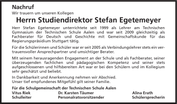 Traueranzeige von Egetemeyer Stefan von Schwäbische Post