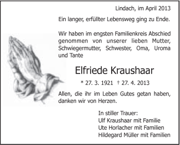 Traueranzeige von Elfriede Kraushaar von Gmünder Tagespost