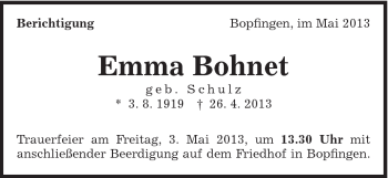 Traueranzeige von Emma Bohnet von Schwäbische Post