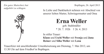 Traueranzeige von Erna Weller von Schwäbische Post