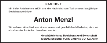 Traueranzeige von Anton Menzl von Schwäbische Post