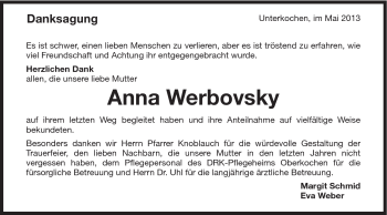 Traueranzeige von Anna Werbovsky von Schwäbische Post