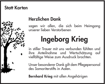 Traueranzeige von Ingeborg Krieg von Schwäbische Post