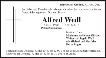 Traueranzeige von Alfred Wedl von Gmünder Tagespost