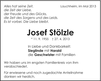 Traueranzeige von Josef Stölzle von Schwäbische Post