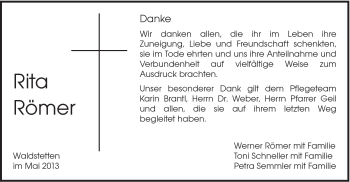 Traueranzeige von Rita Römer von Gmünder Tagespost