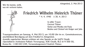 Traueranzeige von Friedrich Thürer von Schwäbische Post