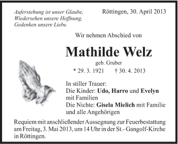 Traueranzeige von Mathilde Welz von Schwäbische Post