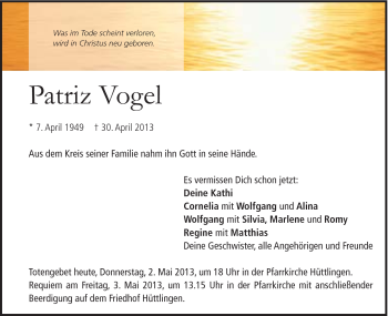 Traueranzeige von Patriz Vogel von Schwäbische Post