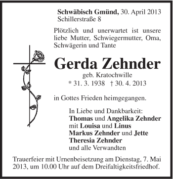 Traueranzeige von Gerda Zehnder von Gmünder Tagespost