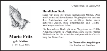 Traueranzeige von Marie Fritz von Schwäbische Post