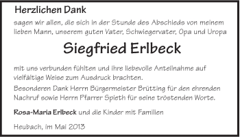 Traueranzeige von Siegfried Erlbeck von Gmünder Tagespost