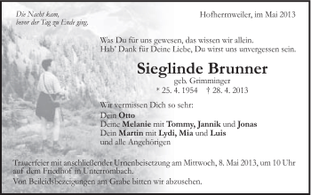 Traueranzeige von Sieglinde Brunner von Schwäbische Post